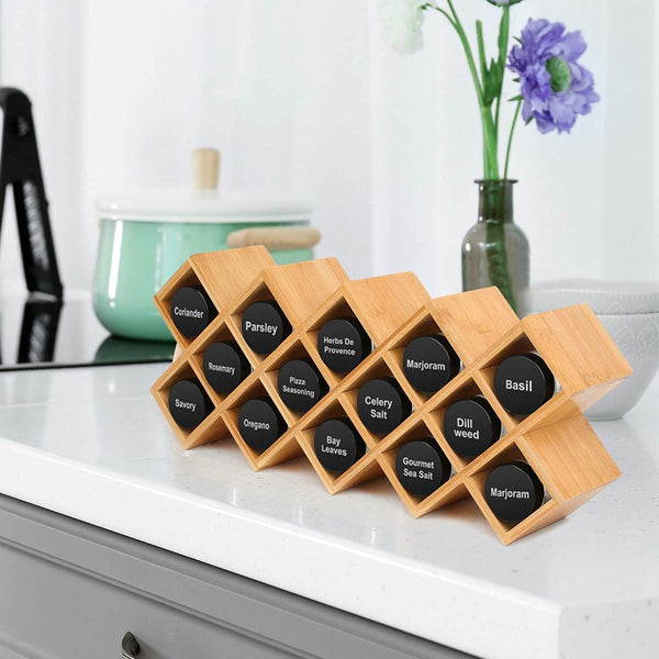 Criss-Cross 18-Jar Bamboo Countertop Spice Rack Organizer, Kitchen Cabinet Cupboard Wall Mount Door Spice Storage, Fit for round and Square Spice Bottles, Free Standing for Counter, Cabinet or Drawers3