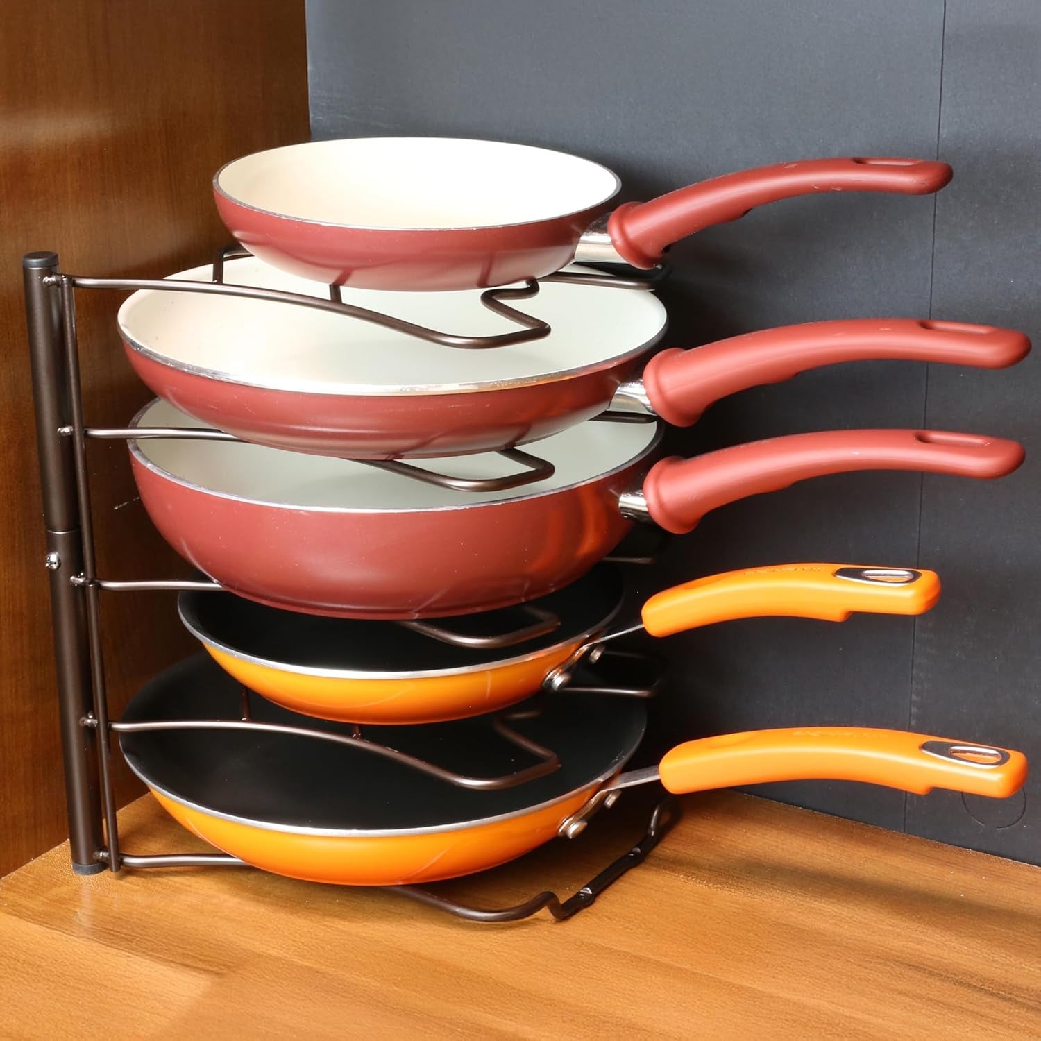 pan-organizer-rack-for-kitchen-cabinet-and-counter-bronze