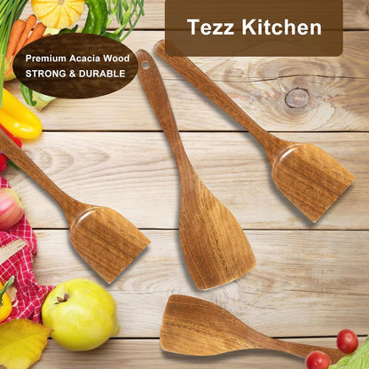 Wooden Spatulas, 2 Pcs Natural Acacia Wooden Cooking Utensils Set for Non-Stick Pan Kitchen Tool, Flipping and Wok Spatula, Wooden Spoons & Spurtle for Cooking7