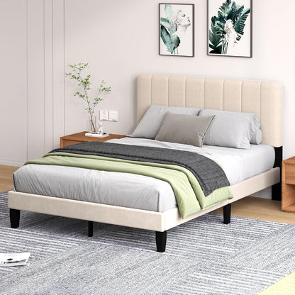Queen Bed Frame Platform with Adjustable Upholstered Headboard Mattress Foundation No Box Spring Needed Easy Assembly Noise-Free, Velvet Beige1