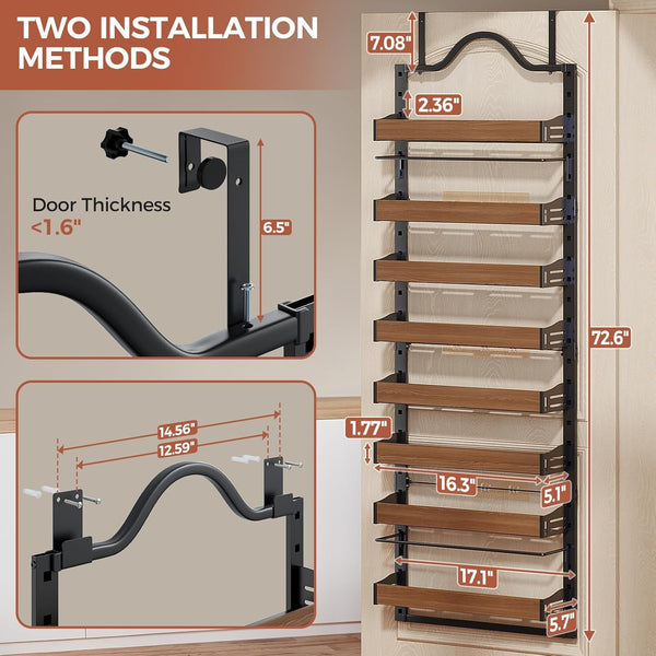 8-Tier Pantry Door Organizer, over the Door Pantry Organizer with Wooden Adjustable Baskets, 2 in 1 Spice Rack Wall Mount or Door Organizer, Door Spice Rack for Pantry（72.6×17.1×5.1In,Black)2