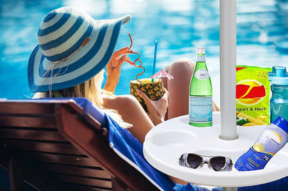 13" Portable Beach Umbrella Table Tray White | for Beach, Patio, Garden, Swimming Pool with Cup Drinks Holders, Snack Compartments Lightweight and Easy to Carry2
