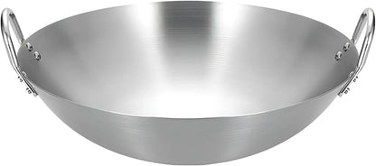 Stainless Steel Wok round Bottom Frying Pan Double Handle Heated Evenly Portable Cookware Traditional Tableware Cooking Pot Wok for Kitchen Outdoor,38Cm1