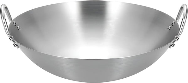 Stainless Steel Wok round Bottom Frying Pan Double Handle Heated Evenly Portable Cookware Traditional Tableware Cooking Pot Wok for Kitchen Outdoor,38Cm1
