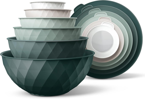 Mixing Bowls with Lids - 12 Piece Plastic Nesting Bowls Set Includes 6 Prep Bowls and 6 Lids, Microwave Safe Mixing Bowl Set, Green Diamond1