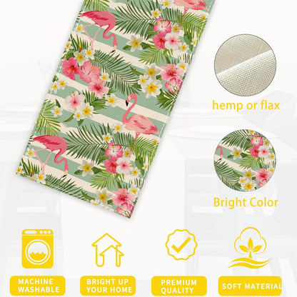 Flamingo Palm Leaf Hibiscus Table Runner Dresser Scarves Seasonal Linen Tablerunner for Indoor Outdoor Kitchen Home Party Holiday Dining Table Decor 13 X 70 Inch3