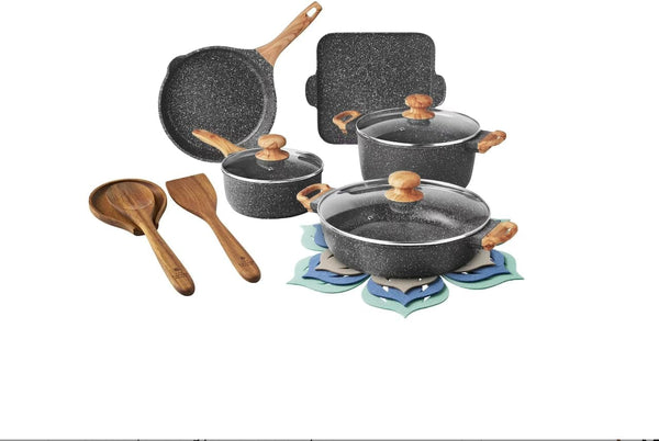 Pioneer Woman Prairie Signature 14-Piece Cast Aluminum Cookware Set, Charcoal Speckle1