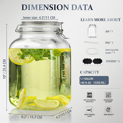 1 Gallon Glass Jar with Airtight Lid, 4.3" Wide Mouth Mason Jars | Bpa-Free, Leak-Proof Lid, Square, Large Glass Storage Containers with 2 Scale Mark for Canning, Pickled, Overnight Oats6
