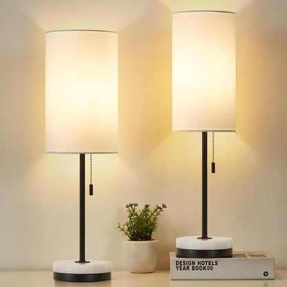 18" Minimalist Table Lamp Set of 2, Nightstand Lamp for Bedroom Living Room, Modern Pull Chain Bedside Lamp with Marble Base, Fabric Shade, Small Desk Lamp for Home, Office, Reading1