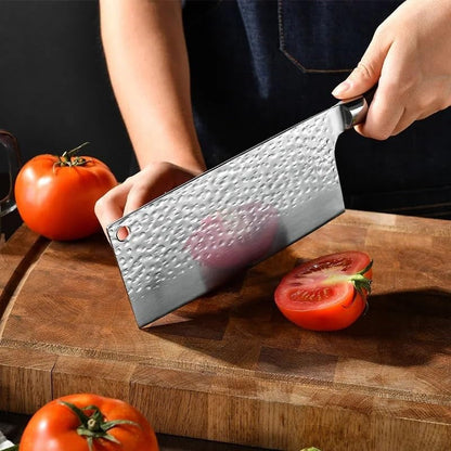 Meat Cleaver, Wooden Handle Forged Hammer Pattern Chinese for Cutting Vegetables Meat and Chopping Dual Purpose Kitchen Knife4