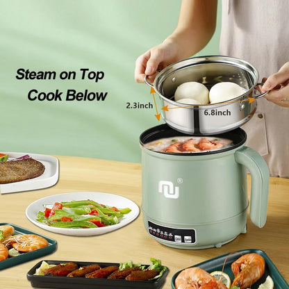 Smart Mini Hot Pot with Timer and Automatic Shut off 1.2L Non-Stick Rapid Noodle Cooker W Stainless Steel Steamer Basket 600W Quick Cook 5 Cooking Modes for Soup, Rice (1Cup) , Porridge, Pasta Great for 1-2 Persons (Green)2
