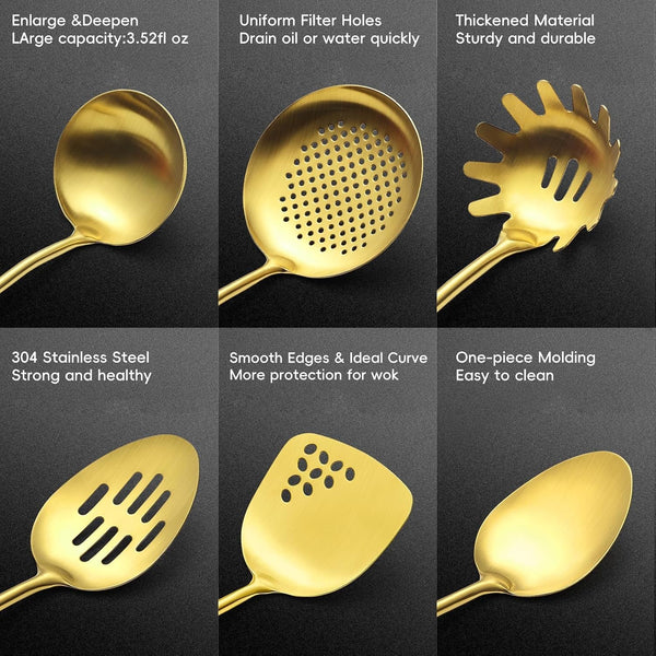 18/10 Stainless Steel Kitchen Utensils Set,6 Piece Cooking Utensils with Wood Handle,Heat Resistant Kitchen Tool Set with Spatula, Spoon, Ladle, Skimmer, Slotted Spoon, Pasta3