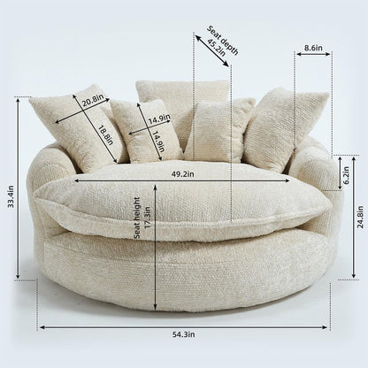 Oversized round Lounge Chair Indoor, 56" Deep Seat Circle Sofa with Double Armrests & Pillows, Fluffy Cloud Chenille Couch, No Assembly Reading Chair for Living Room, Bedroom, Apartment,Beige2