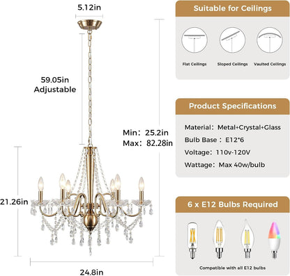 Gold Crystal Chandelier, 6-Light Candle Style French Chandelier with Clear Crystal, 25" Vintage Modern Farmhouse Dining Room Chandelier Light Fixture for Living Room Bedroom Kitchen Foyer Stairway5