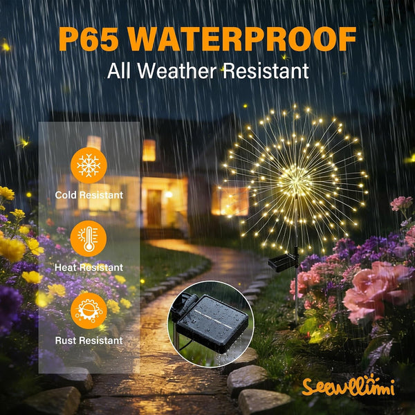 Solar Garden Lights Outdoor Decor Waterproof, 4Pack 120LED Firework Lights for Garden Decorative, Fairy Lights Solar Powered for Yard, Patio,Pathway,Flowerbed,Planter,Party(Warm White)5