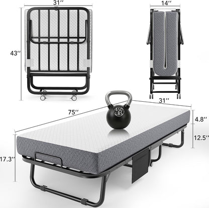 Folding Bed, Portable Foldable Bed with Movable Wheels, 75" X 31"3