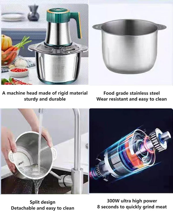 3L Electric Meat Grinder, 300W Food Processor&Food Chopper | 3L Stainless Steel Bowl, 300W Motor, Five Speeds, Six-Blade System, Safety Lock, and Overheat Protection, for Meat&Vegetable7