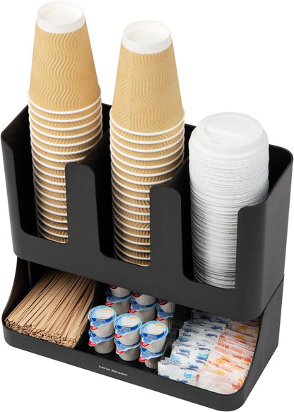 Condiment Station, 13 Inch Countertop Coffee Bar Organizer with 6 Compartments, Storage Caddy for Cups, Lids and Packets, Plastic, Black5