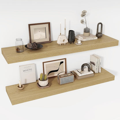48 Inch Floating Shelves, 12" Deep Floating Shelf Wall Mounted, 48" Wall Shelves, Rustic Deep Bookshelf, Extra Deeper & Thicker Display Shelves for Bedroom, Living Room, Oak, Set of 21