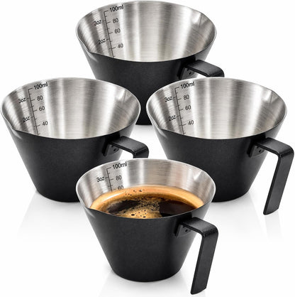 4 Pack Stainless Steel Espresso Measuring Cup, 3.4OZ/100ML Double Spout Espresso Shot Cups with Handle and Dual Scale, Small Coffee Pouring Cup, Coffee Accessories Sauce Cup, Dishwasher Safe1