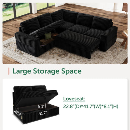 Modular Sectional Sleeper Sofa with Pull Out Bed,Corduroy L Shaped Couch with Storage, Sectional Couches for Living Room,Black3