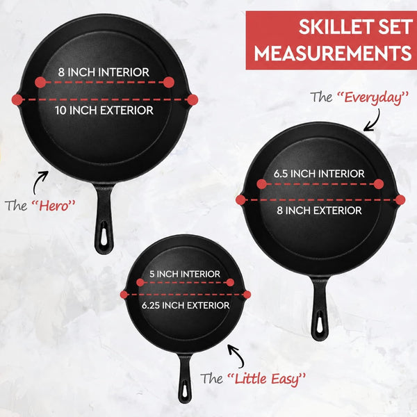 Cast Iron Skillet 3-Piece Set W/Cookbook - Heavy-Duty Professional Restaurant Chef Quality Pre-Seasoned Pan Cookware - 10", 8", 6.25" Pans - for Frying, Saute, Cooking, Pizza - Black3