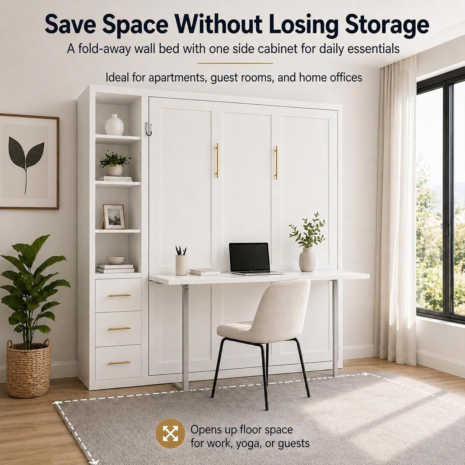 queen-size-murphy-bed-with-desk-and-single-side-cabinet-white-wall-bed-with-bookcase-shelves-3-drawers-automatic-legs-hydraulic-assist-space-saving-bed-for-bedroom-guest-room-home-office