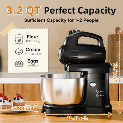 3.2QT 2-In-1 Stand Mixer, Electric Kitchen Mixer with Auto-Rotating Bowl & Tilt-Head, 5-Speed 250W Turbo Baking Machine for Beginners with Beater & Dough Hook for Cookie, Bread, Cake (Black)6