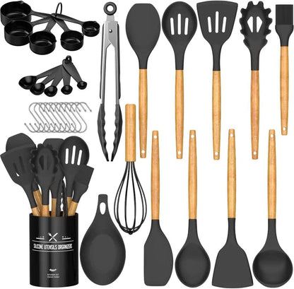 Kitchen Cooking Utensils Set, 33 Pcs Non-Stick Silicone Cooking Kitchen Spatula Set with Holder, Wooden Handle Silicone Kitchen Gadgets Utensil Set (Black)1