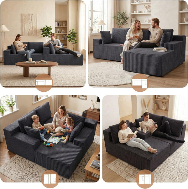 Cloud Sectional Boneless Couches for Living Room, Modular L Shaped Couch with Deep Seat Oversized Right Facing Chaise, Memory Foam Compressed Spineless 3 Seater Sofa, Wide-Striped Grey3
