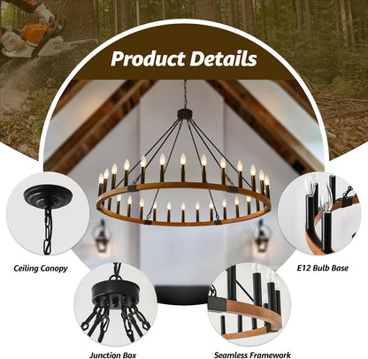 48" Wood Wagon Wheel Chandelier 30-Light Large Chandelier for High Ceiling4
