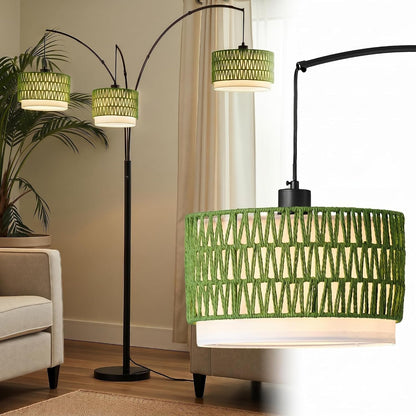 3-Light Arc Rattan Floor Lamp for Living Room,80'' Boho Tree Lamp | Heavy Natural Marble Base, 1/2/3-Light Rotary Switch,Double-Layer Green Wicker/Fabric Shades for Coastal Style,8 Ft+ Ceilings1