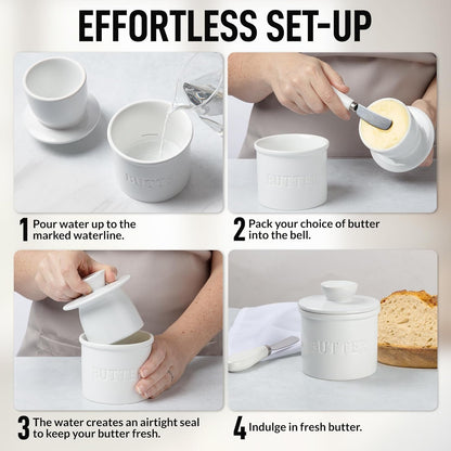 Bell Shaped Butter Crock with Lid for Countertop with Water Line & Spreader Knife, Ceramic French Butter Dish Keeper for Fresh, Soft & Spreadable Butter - White4