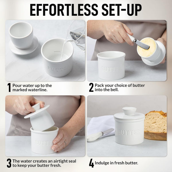Bell Shaped Butter Crock with Lid for Countertop with Water Line & Spreader Knife, Ceramic French Butter Dish Keeper for Fresh, Soft & Spreadable Butter - White4