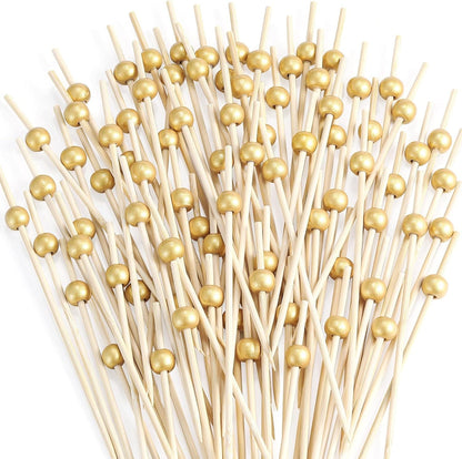 200 Pcs Cocktail Picks, Fancy Toothpicks for Appetizers, Mini Food Picks | Bamboo Cocktail Sticks Skewers for Drinks, Desserts, Charcuterie, 4.7 Inch Decorative Wedding Party Gold Ball Tooth Picks1