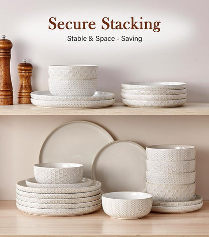 24 Piece Dinnerware Sets for 8 - Farmhouse Style Stoneware Plates and Bowls Sets - Scratch Resistant & Dishwasher Safe, Embossed Boho Ceramic Dish Set, Stack Compactly Dishware - Ivory White8