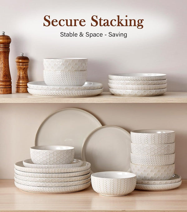 24 Piece Dinnerware Sets for 8 - Farmhouse Style Stoneware Plates and Bowls Sets - Scratch Resistant & Dishwasher Safe, Embossed Boho Ceramic Dish Set, Stack Compactly Dishware - Ivory White8