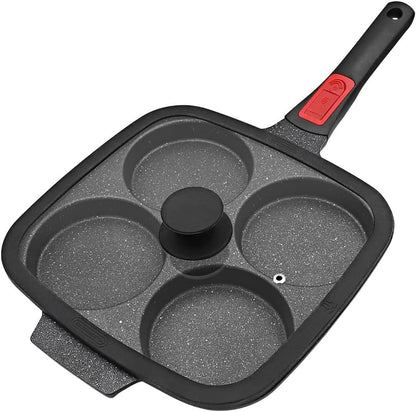 10 Inch Large Egg Pan with Lid, Nonstick 4-Cup Pancake Pan,Black | Omelette Skillet with Detachable Handle Induction Compatible1