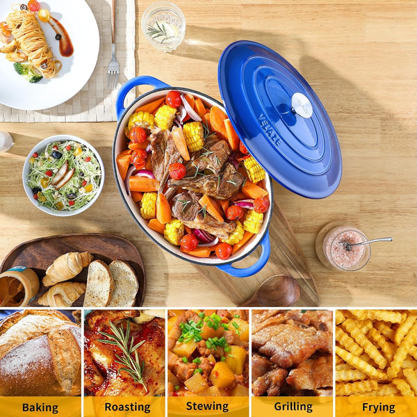 7.5 QT Oval Enameled Cast Iron Dutch Oven Pot with Lid,Blue | Whole Chicken Friendly,For Cooking,Frying, Stewing,Bread Baking,And Roasting,Oven Safe,Dual Handles,Non-Stick Coating5