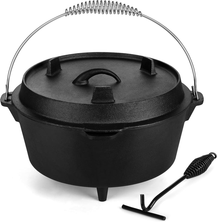 7QT Pre-Seasoned Dutch Oven Camping with Lid Lifter, 2-In-1 Pots | 2-IN-1 Cast Iron Camping Dutch Oven, Heat Conduction & Good Sealing & Heavy Duty