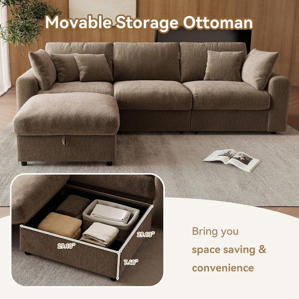 110” Cloud Sectional Couches for Living Room, Modular Sectional Sofa with Deep Seat, Convertible L-Shape Couch with Storage Ottoman for Bedroom Apartment, Chenille (Brown)6