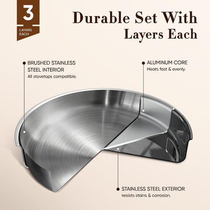 19Pcs Tri-Ply Stainless Steel Cookware Set with Detachable Handle | Pots and Pans Set, Even Heating, Non-Toxic, Induction Compatible, Dishwasher& Oven Safe, Space Saving, RV Cooking,Woodgrain3