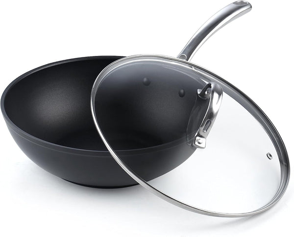 Classic 11-Inch Hard Anodized Nonstick Wok Stir Fry Pan | 3-Qt Deep Frying Pan with Vented Glass Lid, Stay-Cool Handle, Flat Bottom Wok Fits Most Stovetops, Not Induction1