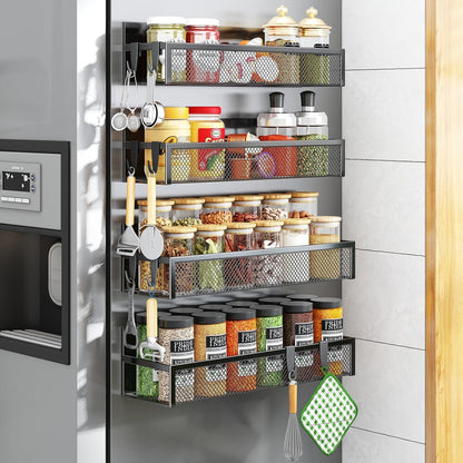 Magnetic Spice Rack for Refrigerator, 4 Pack Magnetic Shelf, Fridge Magnet Organizer with Moveable 8 Hooks, Magnetic Fridge Shelf for Kitchen Organization and Storage (4 Pack)1