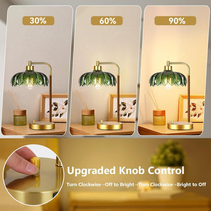 Vintage Table Lamp for Bedroom Living Room,Small Bedside Lamps Dimmable Bedroom Lamp with Glass Green Flower Lampshade,Mid Century Modern Mini Nightstand Lamp Gold Boho Side Table Lamp2