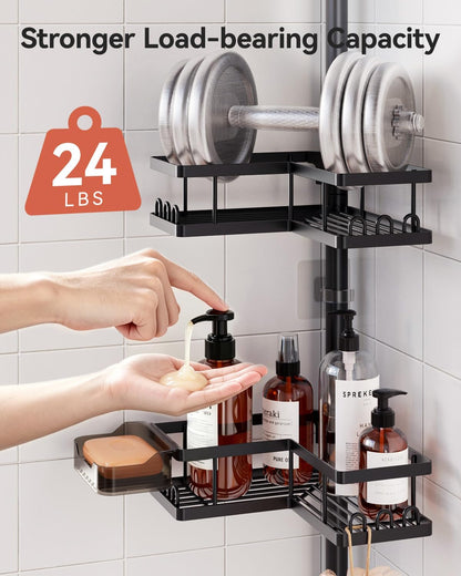 Corner Shower Caddy Tension Pole, 25.7-109.1In Adjustable Shower Shelves, Rust-Resistant Shower Organizer, No-Drill 3-Step Installation, Bathroom Shelves for Renters & Family, Black6