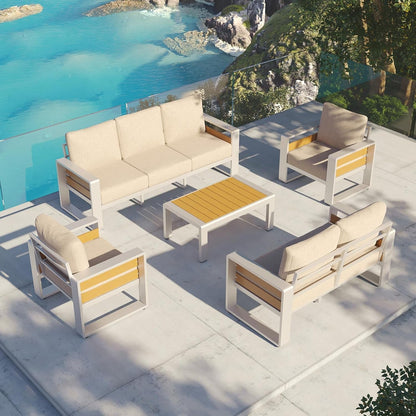 Aluminum Patio Furniture Set, 7 Seats Luxury Metal Patio Conversation Sets with Coffee Table, Thick Cushions and Waterproof Cover, Sectional Outdoor Furniture Set for Backyard/Poolside, Beige8