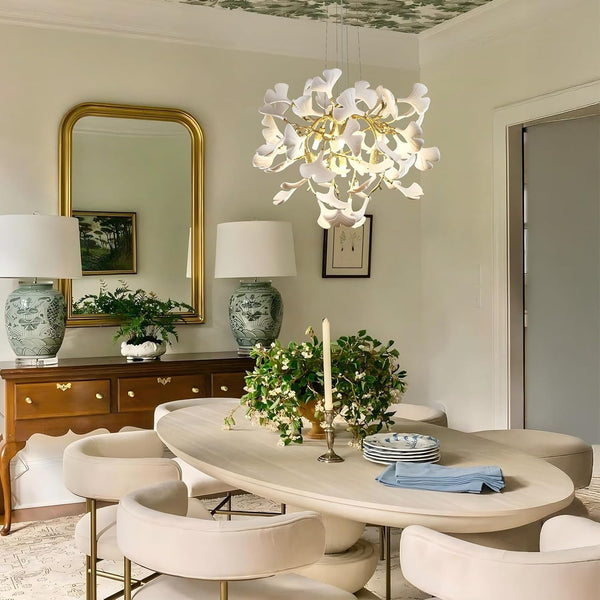 23.6'' Gold and White Ceramic Ginkgo Leaf Chandeliers, Modern Tree Branches Chandeliers, Dining Room Chandelier over Table, round Chandelier for Living Room,Foyer, Kitchen, Bathroom, Bedroom7