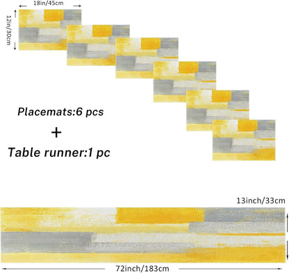 Table Runner and Placemats Set of 6, Abstract Yellow2