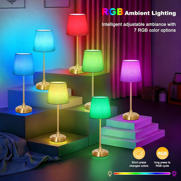 Cordless Table Lamp Rechargeable,5000Mah Battery Operated Desk Lamp,3 Colors & 7 RGB Stepless Dimmable,Touch Control Ambient Light for Bedside,Bedroom,Dining Room,Living Room,Gold,Flaxenshade3